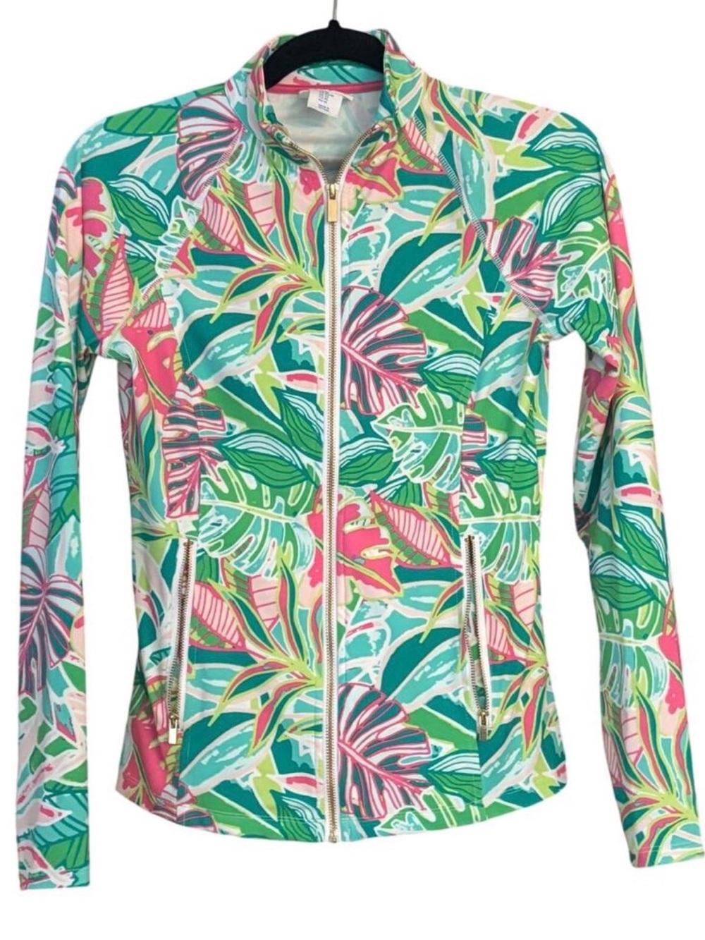 Sigrid Olsen Tropical Print Zip-Front Jacket in Teal, Pink, Green Pockets Size M